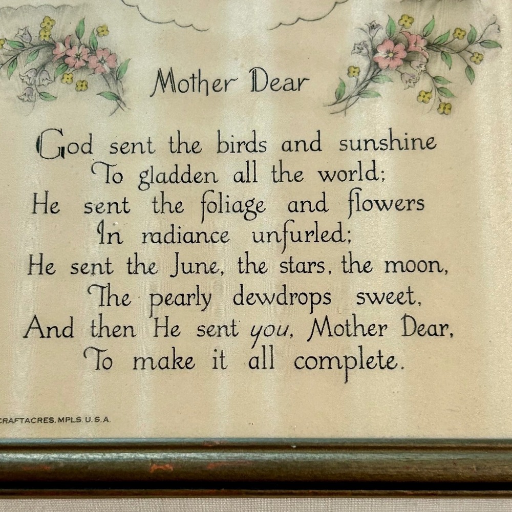 Vintage Buzza Company Mother Dear Framed Poem Lithograph Wall Art Craftacres 5x9 - Picture 3 of 7